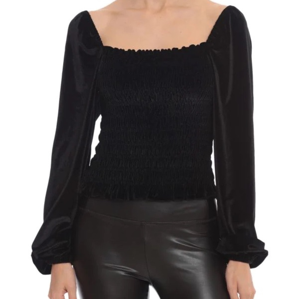 Bagatelle Top Black Velvet Smocked Long Sleeves Off the Shoulder Top